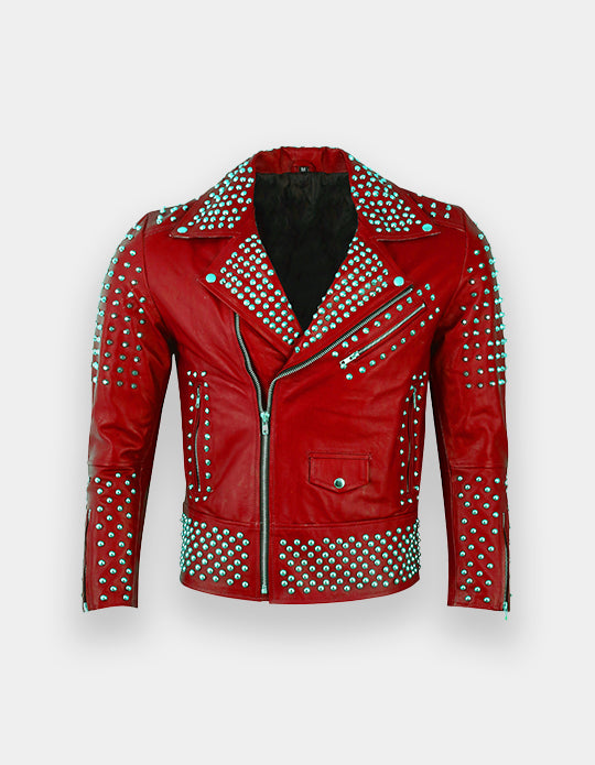 Men's Studded Red Leather Jacket, Men Spikes and Studs jacket, Men fashion wear jacket, Punk Party